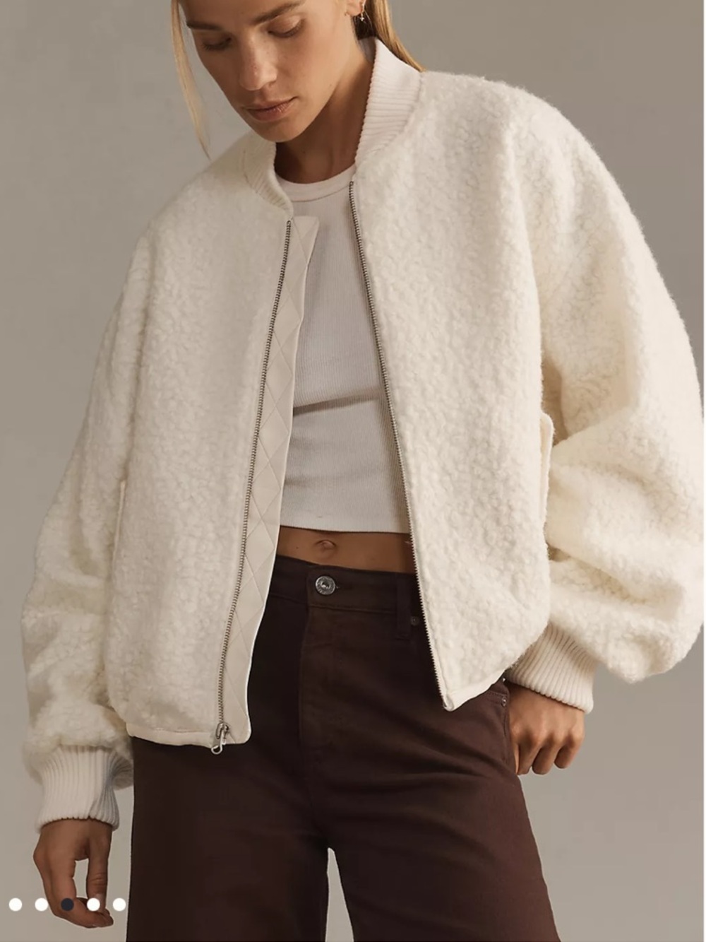 NWT Anthropologie Cream Sherpa Bomber Jacket Cozy Zip Front Coat Large
